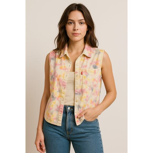 Hand Dyed Tie-Dye Sleeveless Button-Up Vest Levi’s Multicolor Women’s Large - Picture 1 of 7